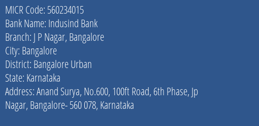 Indusind Bank J P Nagar Bangalore MICR Code