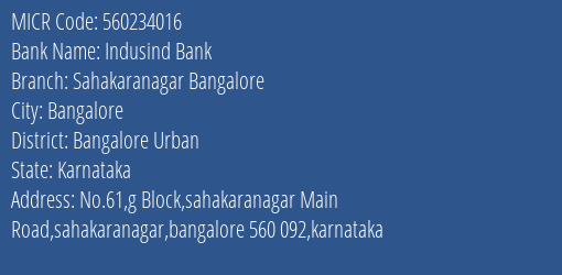 Indusind Bank Sahakaranagar Bangalore MICR Code