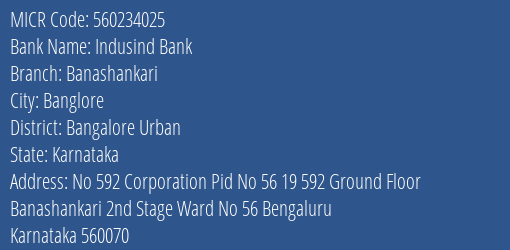 Indusind Bank Banashankari Branch Address Details and MICR Code 560234025