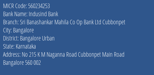 Sri Banashankar Mahila Co Op Bank Ltd Cubbonpet MICR Code
