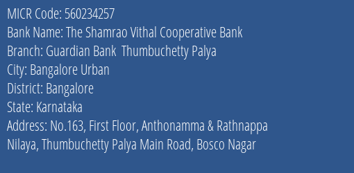 Guardian Bank Thumbuchetty Palya MICR Code