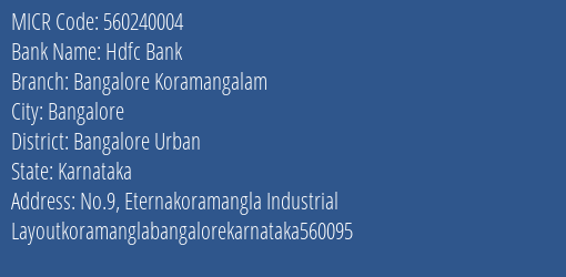 Hdfc Bank Bangalore Koramangalam MICR Code