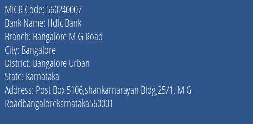 Hdfc Bank Bangalore M G Road MICR Code