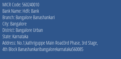 Hdfc Bank Bangalore Banashankari MICR Code