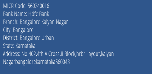 Hdfc Bank Bangalore Kalyan Nagar MICR Code