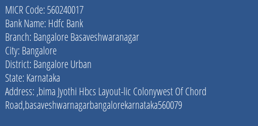 Hdfc Bank Bangalore Basaveshwaranagar MICR Code