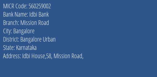 Idbi Bank Mission Road MICR Code