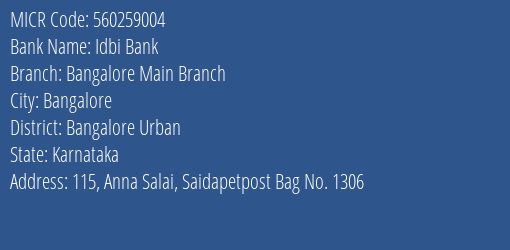 Idbi Bank Bangalore Main Branch MICR Code