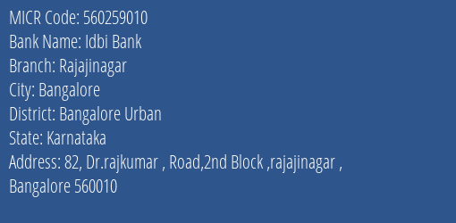 Idbi Bank Rajajinagar MICR Code