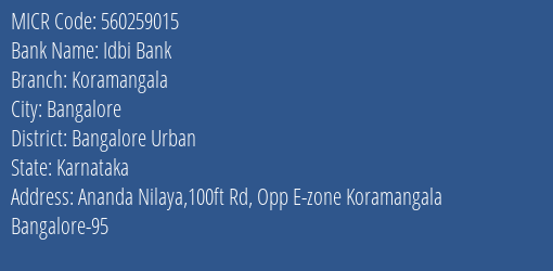 Idbi Bank Koramangala MICR Code
