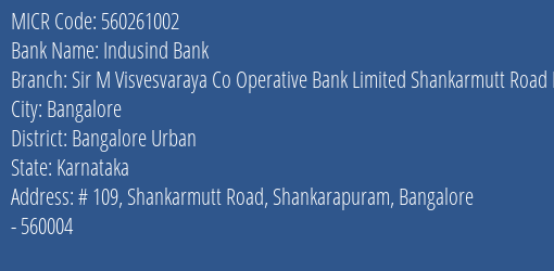 Sir M Visvesvaraya Co Operative Bank Limited Shankarmutt Road MICR Code