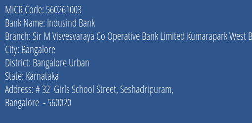 Sir M Visvesvaraya Co Operative Bank Limited Kumarapark West MICR Code