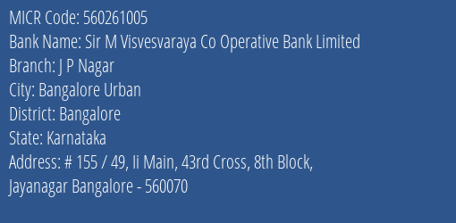 Sir M Visvesvaraya Co Operative Bank Limited J P Nagar MICR Code