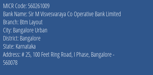Sir M Visvesvaraya Co Operative Bank Limited Btm Layout MICR Code