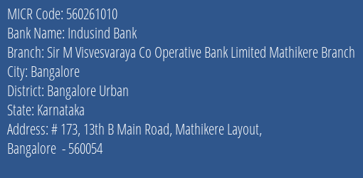 Sir M Visvesvaraya Co Operative Bank Limited Mathikere MICR Code