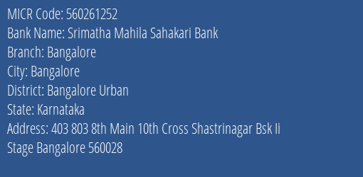 Indusind Bank Srimatha Mahila Sahakari Bank Bangalore Branch Address Details and MICR Code 560261252