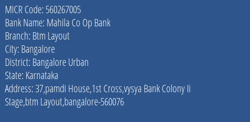 Mahila Co Op Bank Btm Layout MICR Code