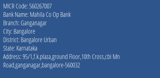 Mahila Co Op Bank Ganganagar MICR Code