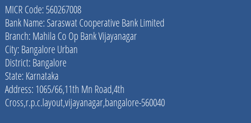 Mahila Co Op Bank Vijayanagar MICR Code