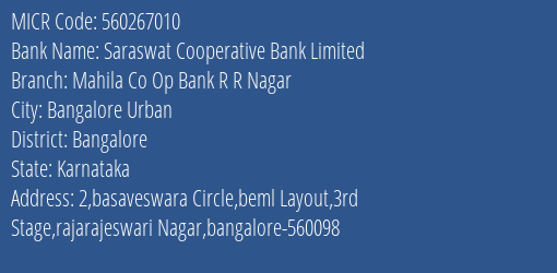 Mahila Co Op Bank R R Nagar MICR Code