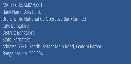 The National Co Operative Bank Limited Gandhi Bazaar MICR Code