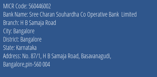 Sree Charan Souhardha Co Operative Bank Limited H B Samaja Road MICR Code