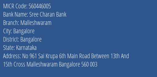 Sree Charan Bank Malleshwaram MICR Code
