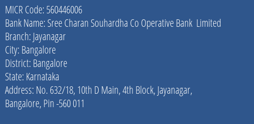 Sree Charan Souhardha Co Operative Bank Limited Jayanagar MICR Code