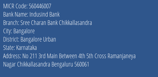 Indusind Bank Sree Charan Bank Chikkallasandra Branch Address Details and MICR Code 560446007