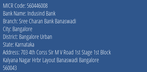 Indusind Bank Sree Charan Bank Banaswadi Branch Address Details and MICR Code 560446008