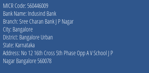 Indusind Bank Sree Charan Bank J P Nagar Branch Address Details and MICR Code 560446009