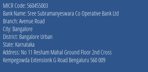 Sree Subramanyeswara Co Operative Bank Ltd Avenue Road MICR Code