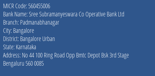 Sree Subramanyeswara Co Operative Bank Ltd Padmanabhanagar MICR Code