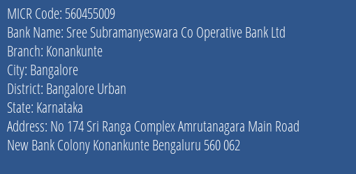 Sree Subramanyeswara Co Operative Bank Ltd Konankunte MICR Code