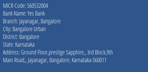Yes Bank Jayanagar Bangalore Branch Address Details and MICR Code 560532004