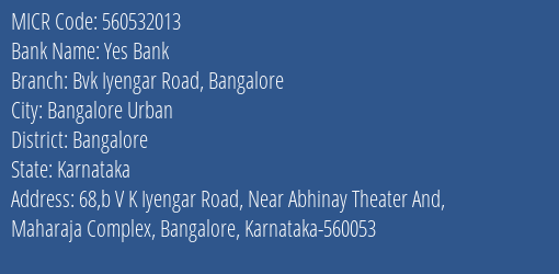 Yes Bank Bvk Iyengar Road Bangalore Branch Address Details and MICR Code 560532013