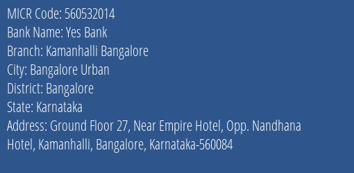 Yes Bank Kamanhalli Bangalore Branch Address Details and MICR Code 560532014