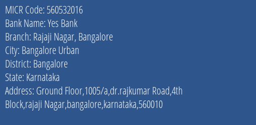 Yes Bank Rajaji Nagar Bangalore Branch Address Details and MICR Code 560532016