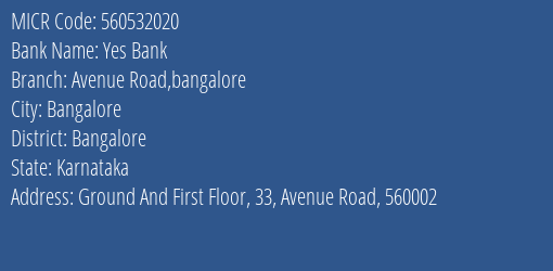 Yes Bank Avenue Road Bangalore Branch Address Details and MICR Code 560532020