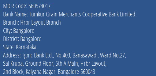 Tumkur Grain Merchants Cooperative Bank Limited Hrbr Layout Branch MICR Code