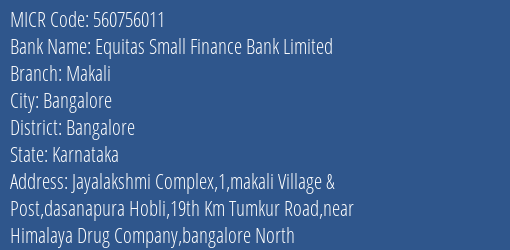Equitas Small Finance Bank Limited Makali MICR Code