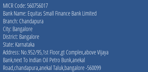 Equitas Small Finance Bank Limited Chandapura MICR Code