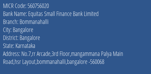 Equitas Small Finance Bank Limited Bommanahalli MICR Code