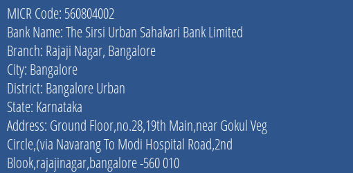 The Sirsi Urban Sahakari Bank Limited Rajaji Nagar Bangalore MICR Code