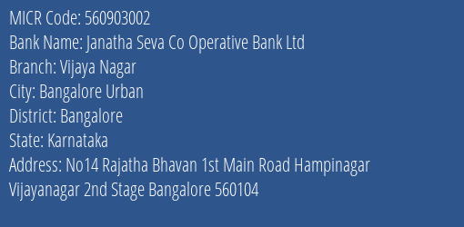 Janatha Seva Co Operative Bank Ltd Vijaya Nagar MICR Code