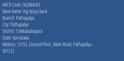 Ing Vysya Bank Pathapalya MICR Code