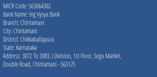 Ing Vysya Bank Chintamani MICR Code