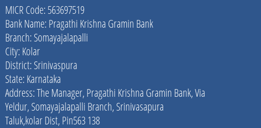 Pragathi Krishna Gramin Bank Somayajalapalli MICR Code