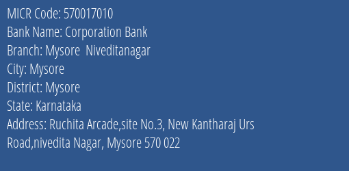Corporation Bank Mysore Niveditanagar MICR Code