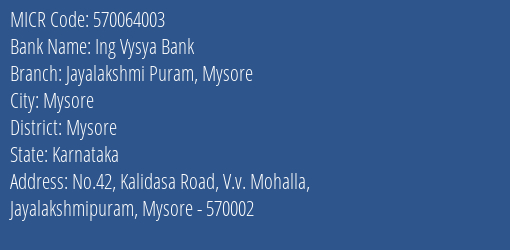 Ing Vysya Bank Jayalakshmi Puram Mysore MICR Code